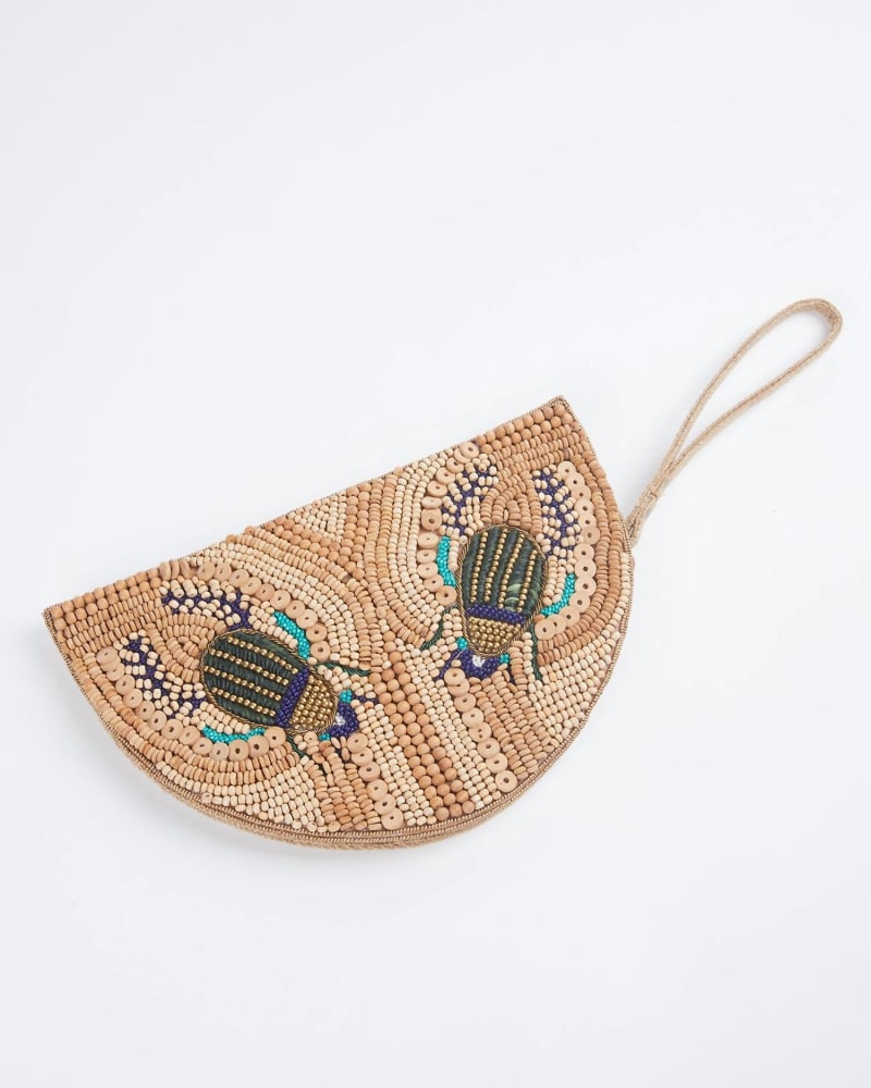 Front of a size O/S Scara Raffia Beaded Wristlet in Wood in Wood by ETHNiQUE. | dia_product_style_image_id:330662
